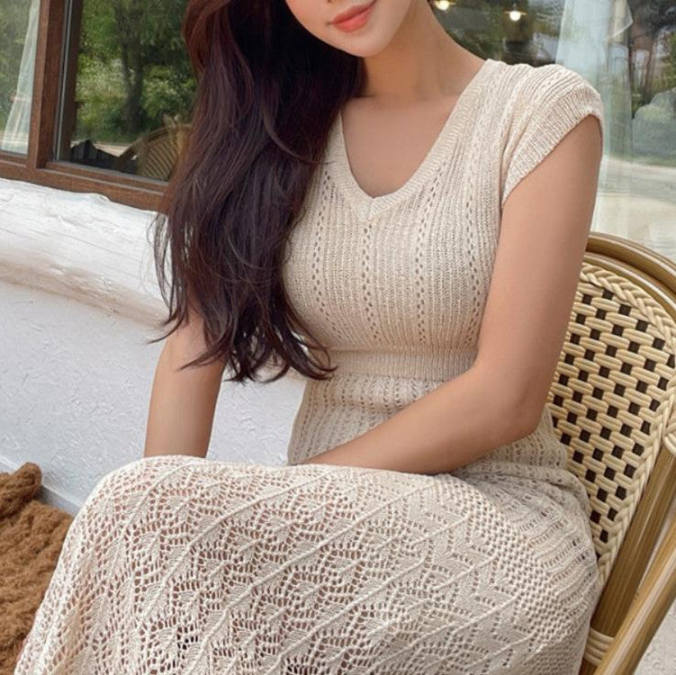 New Gentle Temperament Slim V-neck Solid Color Knitted Dress Casual Women's Clothing
