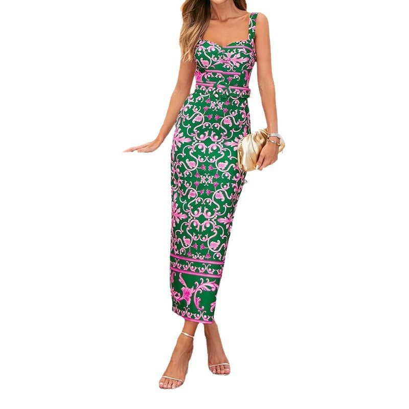 Ladies Sexy Belt Spaghetti-strap Floral Print Dress