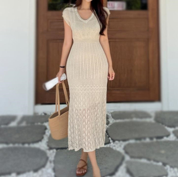 New Gentle Temperament Slim V-neck Solid Color Knitted Dress Casual Women's Clothing