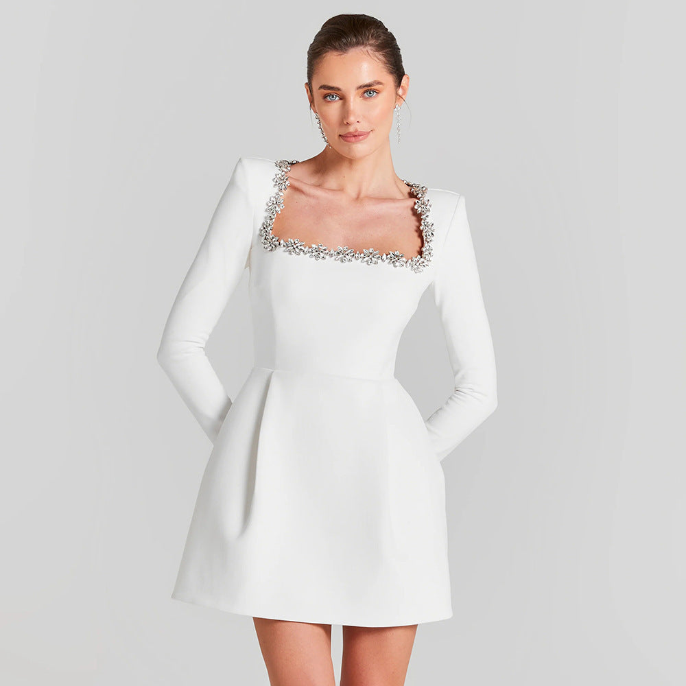 Bead Long Sleeve Stretch Dress A- Line Skirt