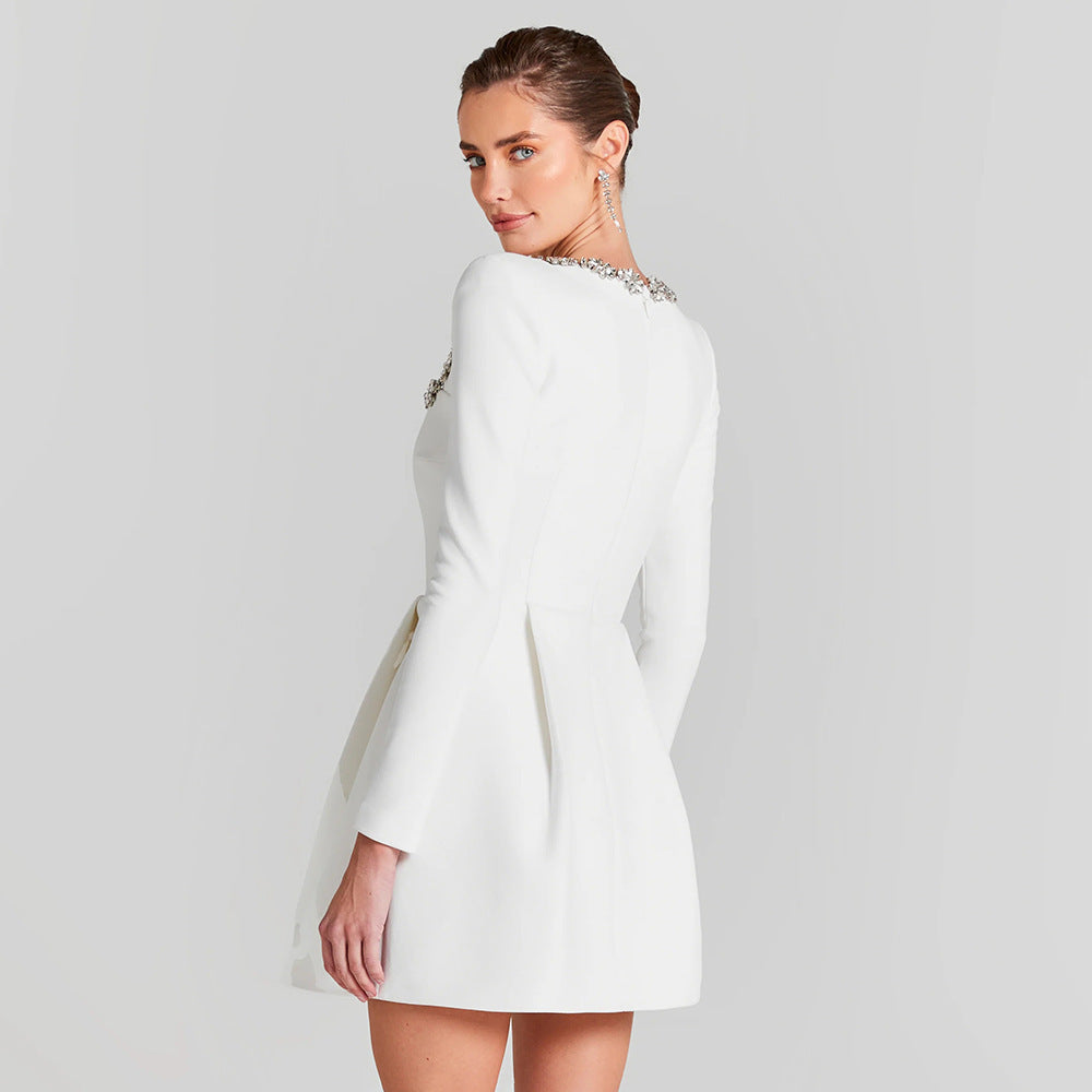 Bead Long Sleeve Stretch Dress A- Line Skirt