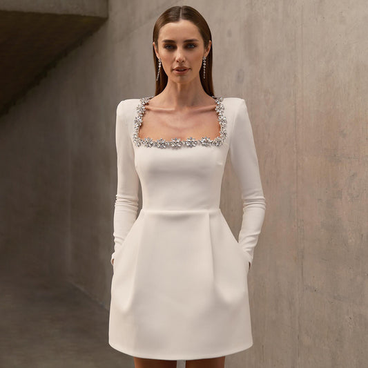 Bead Long Sleeve Stretch Dress A- Line Skirt