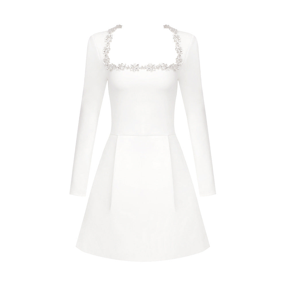 Bead Long Sleeve Stretch Dress A- Line Skirt