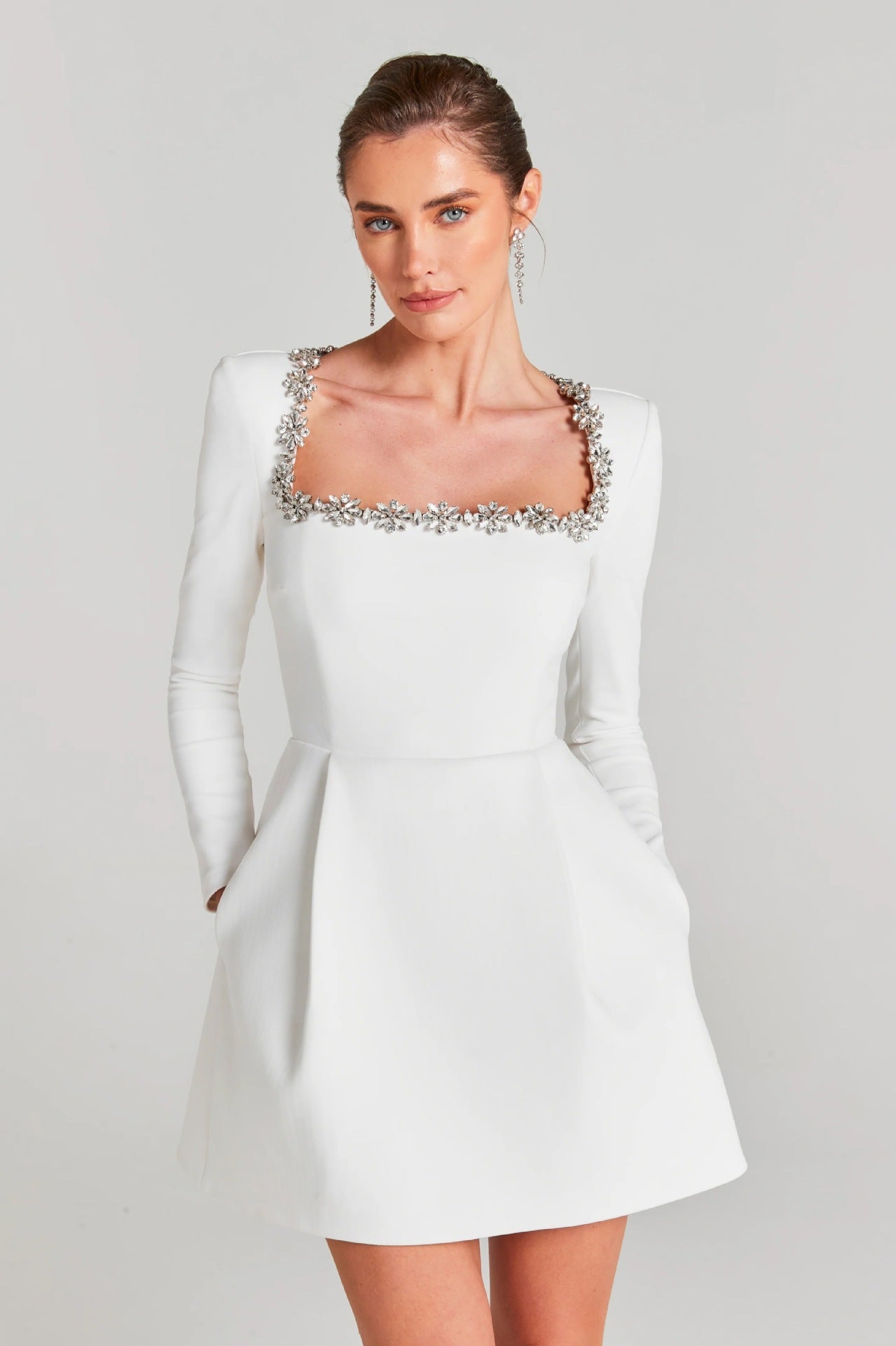 Bead Long Sleeve Stretch Dress A- Line Skirt