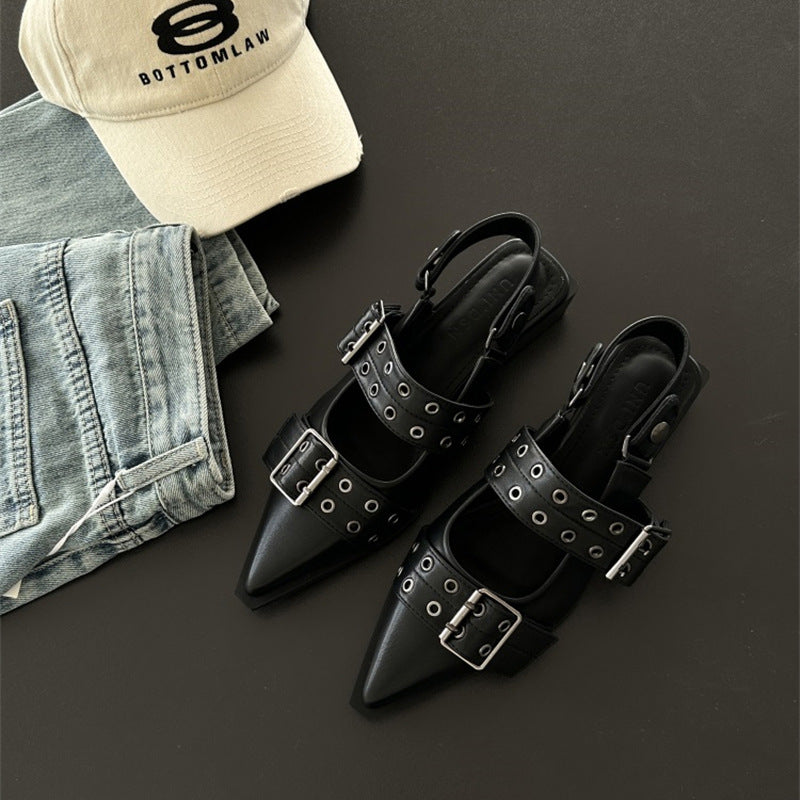 Women's French Pointed-toe Ma Retro Mid-thick Heel Leather Shoes