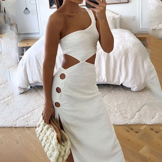 Women's One-shoulder Sleeveless Hollow Solid Color Dress