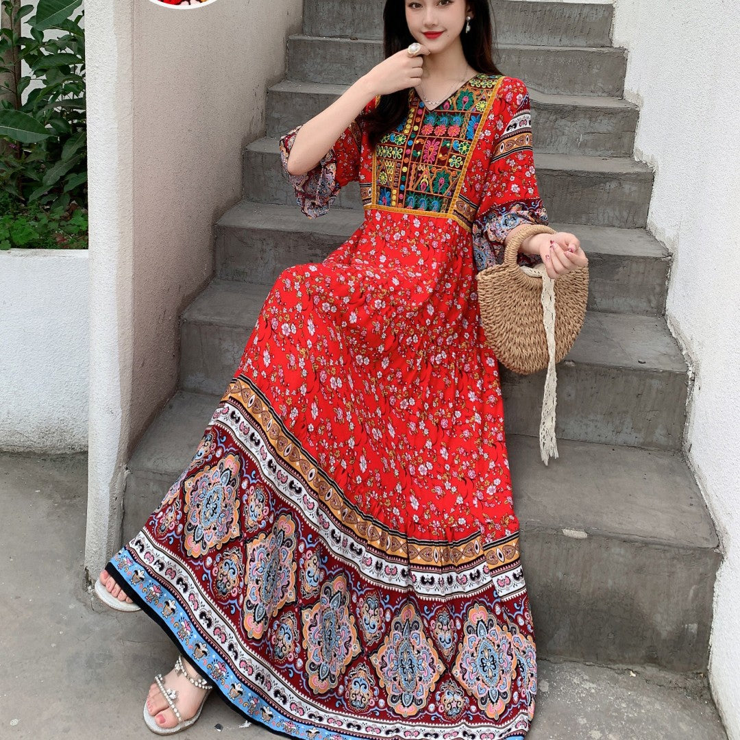 Ethnic Women's Bell Sleeve Dress Rayon