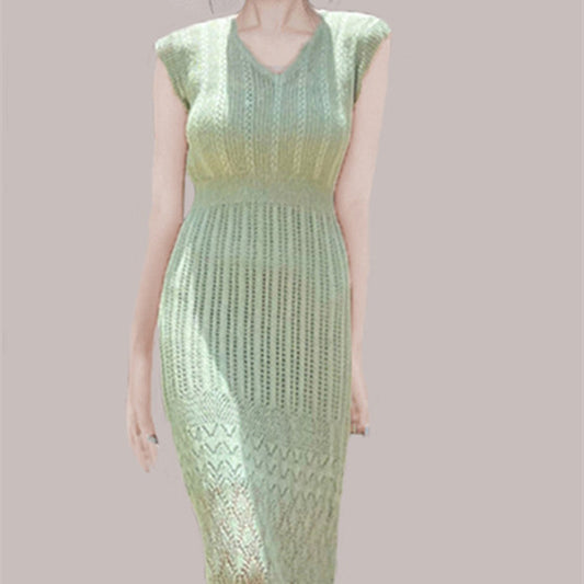 New Gentle Temperament Slim V-neck Solid Color Knitted Dress Casual Women's Clothing