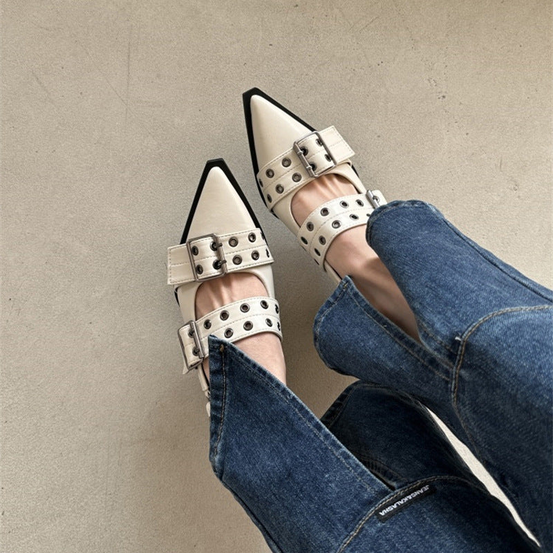 Women's French Pointed-toe Ma Retro Mid-thick Heel Leather Shoes