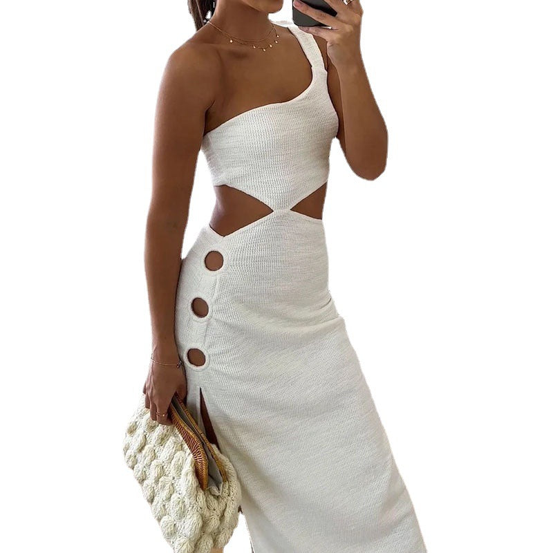 Women's One-shoulder Sleeveless Hollow Solid Color Dress