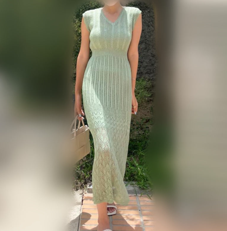 New Gentle Temperament Slim V-neck Solid Color Knitted Dress Casual Women's Clothing
