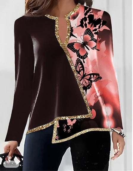 V-neck Fashion Irregular Hem Long Sleeved Fitted T-shirt