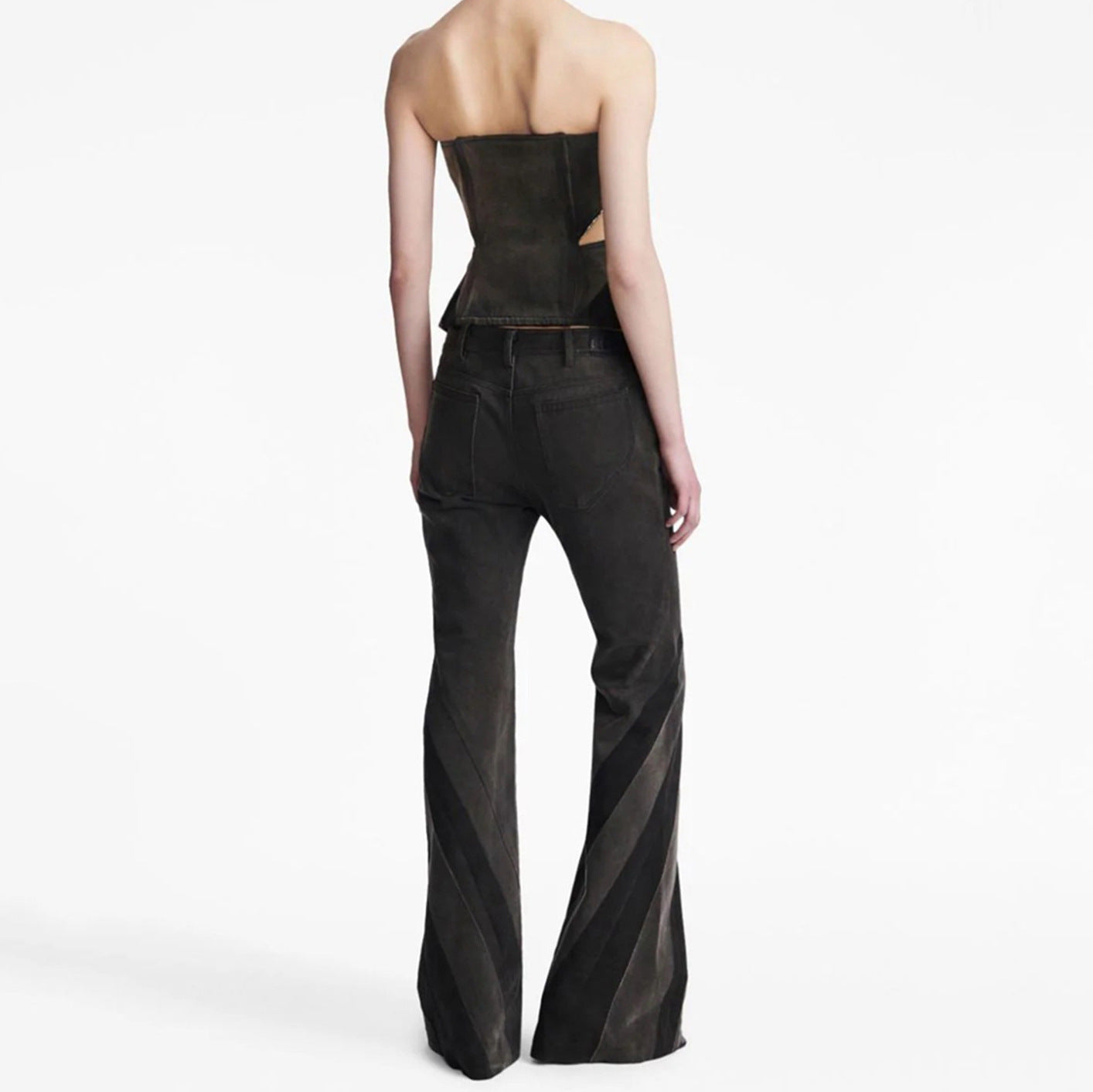 Color Contrast Patchwork Tube Top Three-dimensional Elastic Washed Jeans Two-piece Set