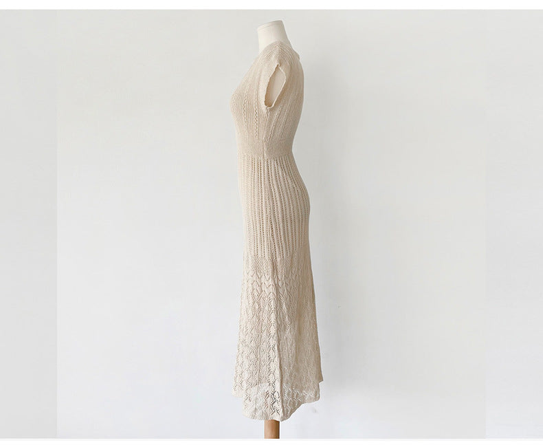 New Gentle Temperament Slim V-neck Solid Color Knitted Dress Casual Women's Clothing