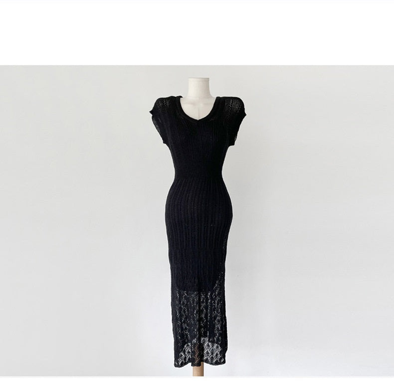 New Gentle Temperament Slim V-neck Solid Color Knitted Dress Casual Women's Clothing